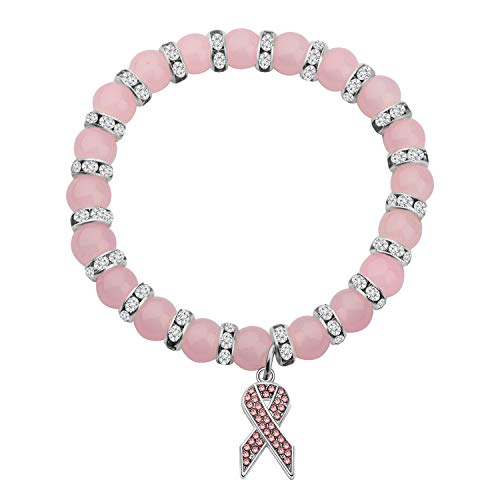 CENWA Breast Cancer Awareness Bracelet Pink Rhinestone Ribbon Charm Beads Bracelet Breast Cancer Support Gift