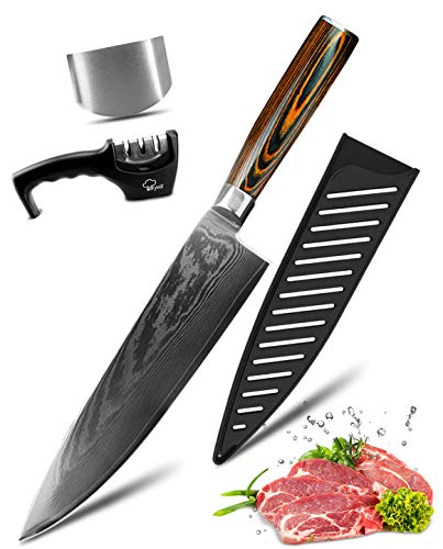 Chef Knife, MYVIT Damascus Chefs Knife 8 inch Professional Kitchen Knife with Knife Sharpener Finger Guard Knife Sheath