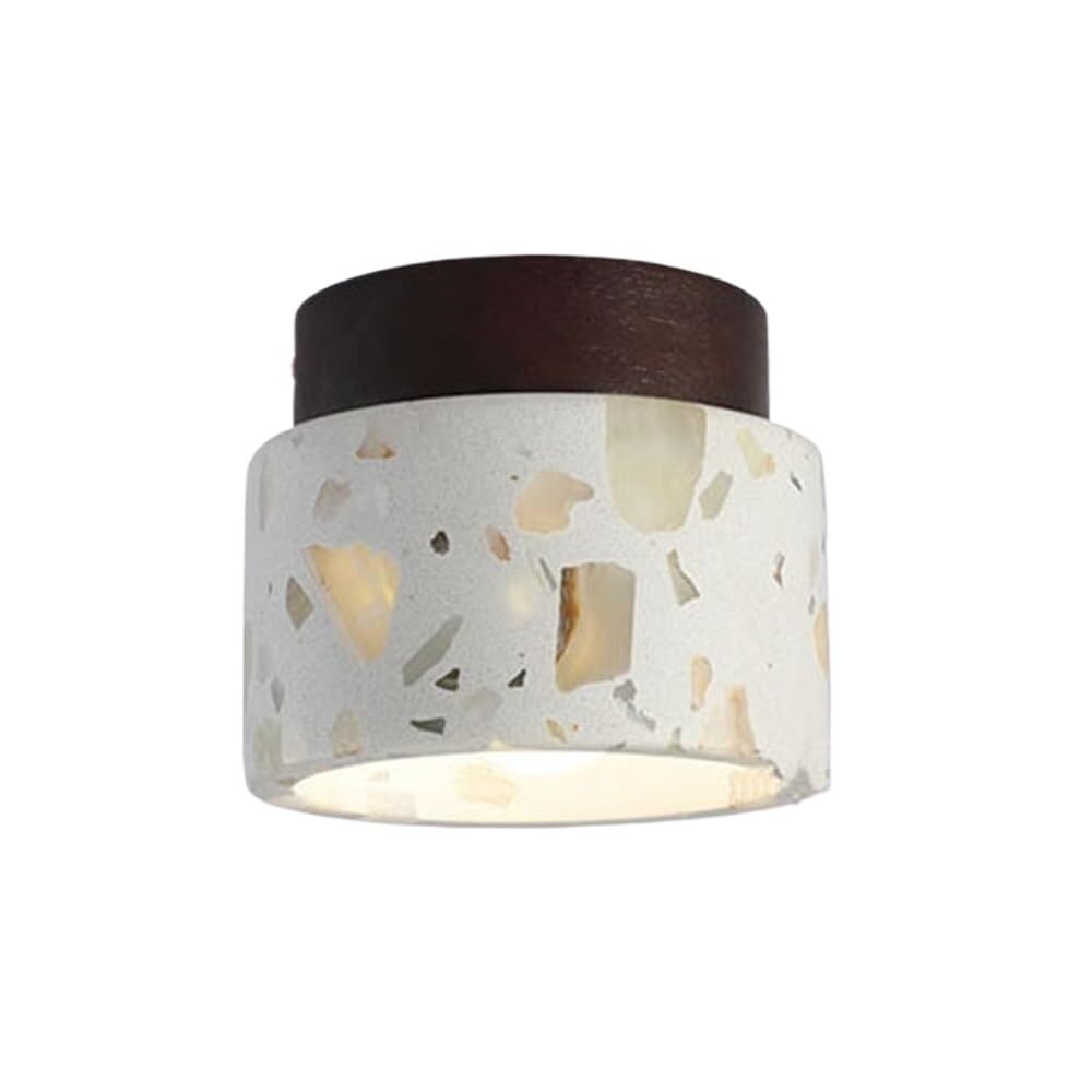 ITOSUI Nordic Modern Flush Mount Ceiling Light 4.7-Inch Cylinder Terrazzo Stone Lamp with Solid Wood Base Small Overhead Fixture for Hallway Study Bedroom Entryway E26 Base(Walwut)