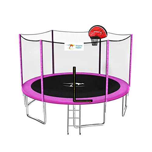 Kangaroo Hoppers 15 FT Trampoline with Safety Enclosure Net, Basketball Hoop and Ladder -2022 Upgraded Kids Basketball Hoop Trampoline TUV & ASTM Tested -Multiple Color Choices(PINK-15FT)