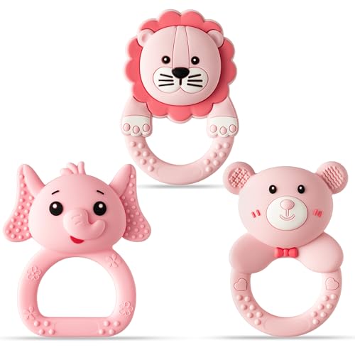Image of 3Pcs Silicone Teether for Babies Girls, BPA Free Rattle Teething Toys | Pink Bear Lion Elephant Baby Rattle, Food Grade Teething Relief Sensory Toy, Sore Gums Pain Chew Toy for Newborn, 6-12 Months