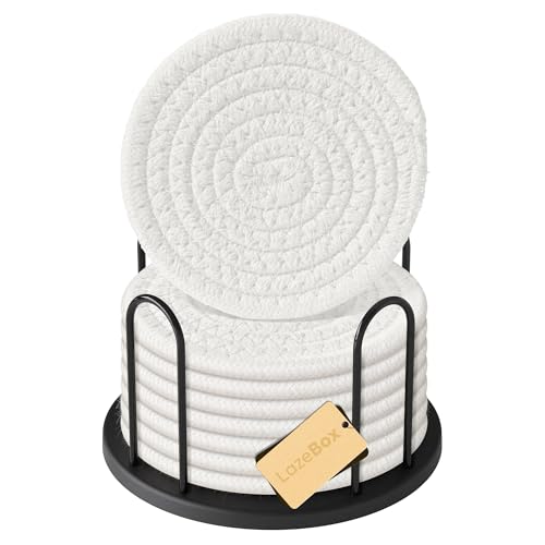 Lazebox Coasters Set of 8 for Drinks 4 Inch Large Coasters for Coffee Table Tabletop Protection for Hot & Cold Drinks Versatile Coasters for Home Decor Non-Slip & Easy to Clean White