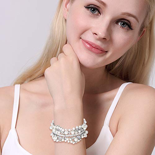 Ever Faith Austrian Crystal Simulated Pearl Bridal Flower Stretch Bracelet Clear Silver-Tone #TOP1