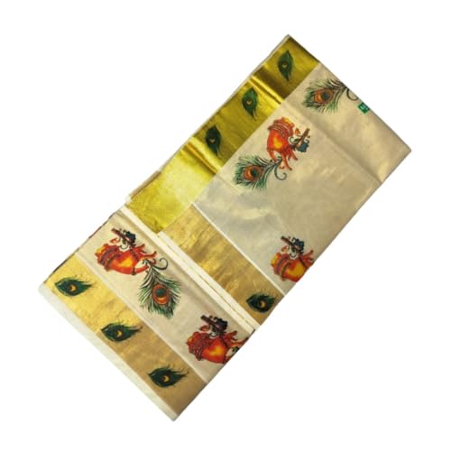 Image of Women's Kerala Kasavu Golden Gold Tissue Saree with Running Blouse Piece | Kerala Onam Saree with Tissue Mural Painted (Saree 5.5 meter, Blouse Piece 0.8 meter)