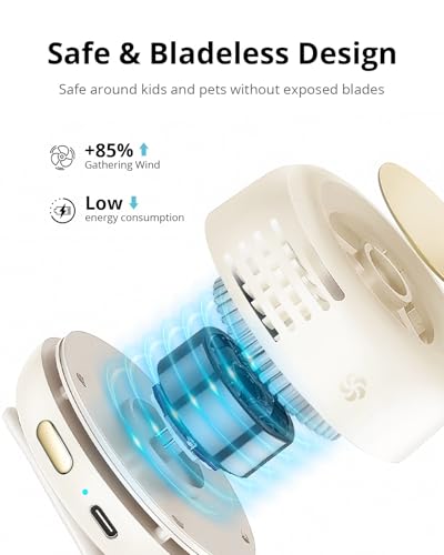 Image of Portable Silent Mini Bladeless Fan Clip On, 3 Speeds & Queit, Hands Free Shirt and Waist Clips Whirlwind Fans, USB Rechargeable, Suitable for Outdoor & Travel & Office (cream white)