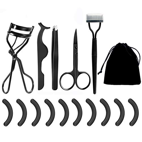 Eyelash Curler 5 in 1 Premium Lash Curler Kit with Eyelash Extension Tweezers Foldable Eyelash Comb Facial Hair Scissors and 10 Eyelash Curler Silicone Refill Pads for Women Eye Shape