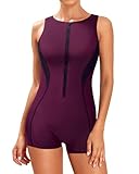 Tempt Me Women Purple One Piece Boyleg Swimsuit Zip Up Racerback Bathing Suits Athletic Sporty High Neck Swimwear S