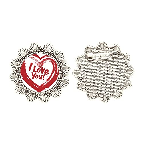 Broche de plata ideal para regalo con corazón rojo de amor y flor