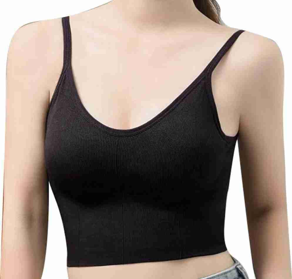 Women's Crop Tank Tops Longline Sports Bra with Built-in Bra Workout Running Free Size (28 Till 32) (Black)-image-33