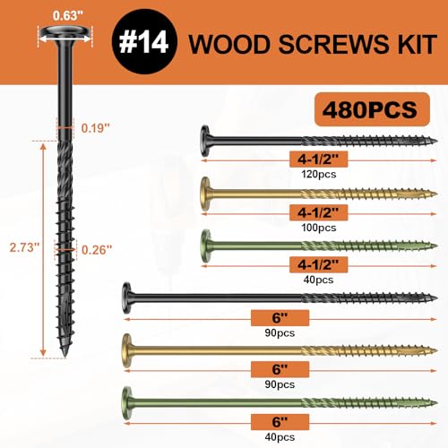 Image of #14 Heavy-Duty Wood Screws Assortment Kit, 480Pcs Star Drive Decking Wood Screws, Rust Resistant Timber Screws for Log /Landscaping Wood (2-7 /8 inch,6 inch) Black, Tan, Green