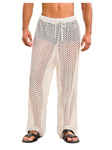 Milumia Men's Beach Pants Crochet Tie Front Hollow Out Knit Long Pants Beachwear
