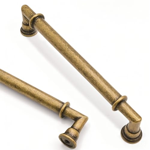 Asidrama 10 Pack 5 Inch(128mm) Brushed Antique Brass Cabinet Pulls Kitchen Aged Brass Cabinet Handles Vintage Hardware for Cupboard Drawer