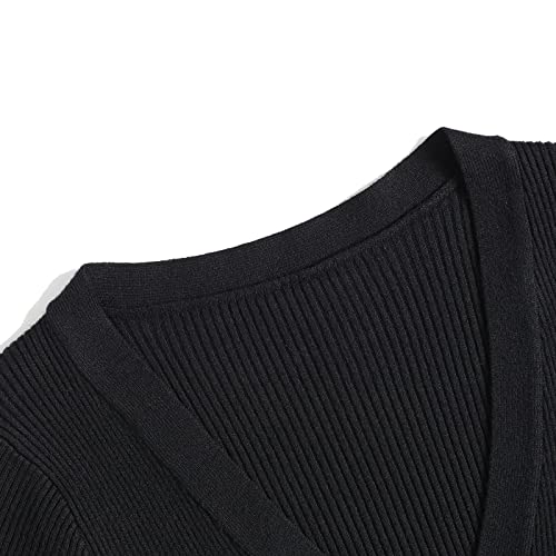 Image of Women V-Neck Long Sleeve Slim Fall Sweater Knitted Midi Dress (Black, Medium)