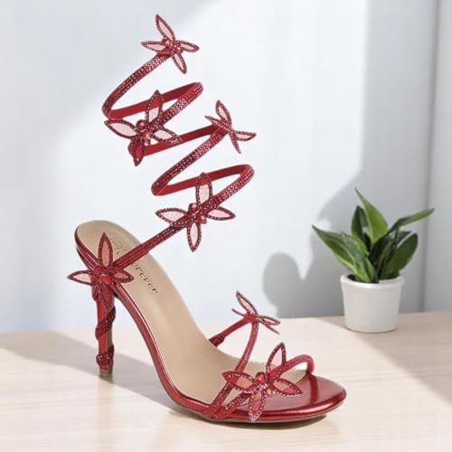 Image of Forever Link Women Rhinestone Butterfly Wrap up Stiletto Heel Sandals