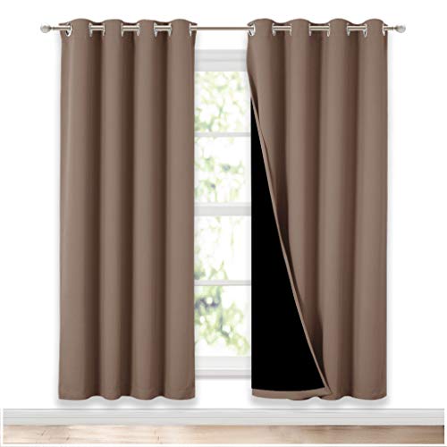Image of NICETOWN Living Room Completely Shaded Draperies, Privacy Protection & Noise Reducing Ring Top Drapes, Black Lined Insulated Window Treatment Curtain Panels(Cappuccino, 2 Pieces, W52 x L72)