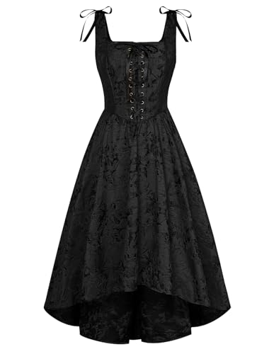 Damen Rockabilly Kleider A-Linie Square Neck High-Low Retro Ärmellos Midi Ballkleider Schwarz 40
