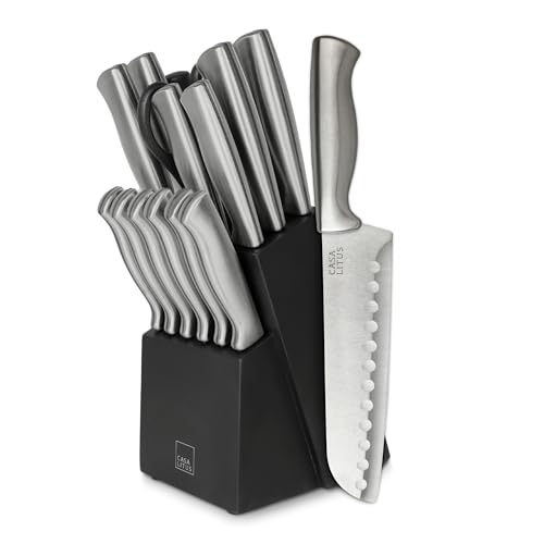Catálogo de Cuchillos asiáticos - los preferidos. 50 CASA LITUS Cuchillos de Cocina de Acero Inoxidable (15 Piezas) con Base de Madera, Afilador y Tijeras, Juego de Cuchillos Profesionales de Mango Hueco, 7 Variedades Ideales Para...