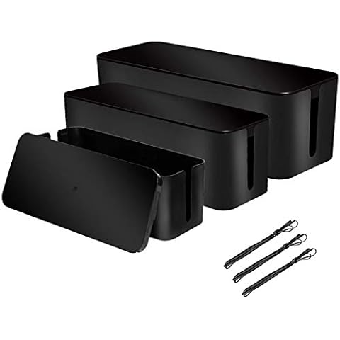 [Set of 3] 3 Cable Management Boxes + 3 Wire Ties, Large Cord Box Organizers to Hold and Hide Power Strip Charger Adapter Power Cord Charging Station USB HUB (Black) Cover