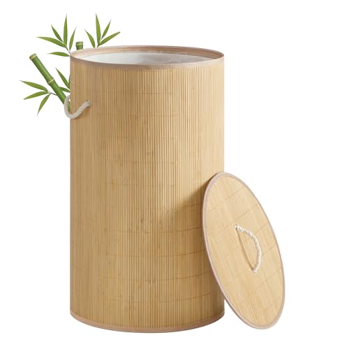 SONGMICS Wäschekorb mit Deckel, 90 L, Wäschesammler Bambus, rund, Wäschebox mit Griffen, faltbar, Wäschesack herausnehmbar maschinenwaschbar,...