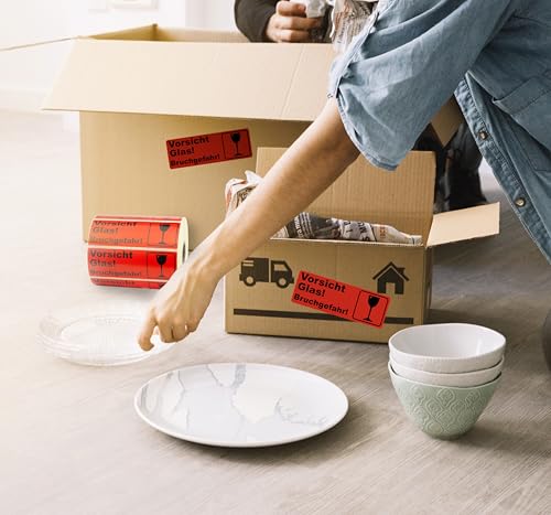 PROLAC – 1000x „VORSICHT GLAS“ Warnhinweis Aufkleber (Warnaufkleber) für zerbrechliche Warensendungen | Sticker selbstklebend | Warnetiketten Bruchgefahr | Etiketten Rot