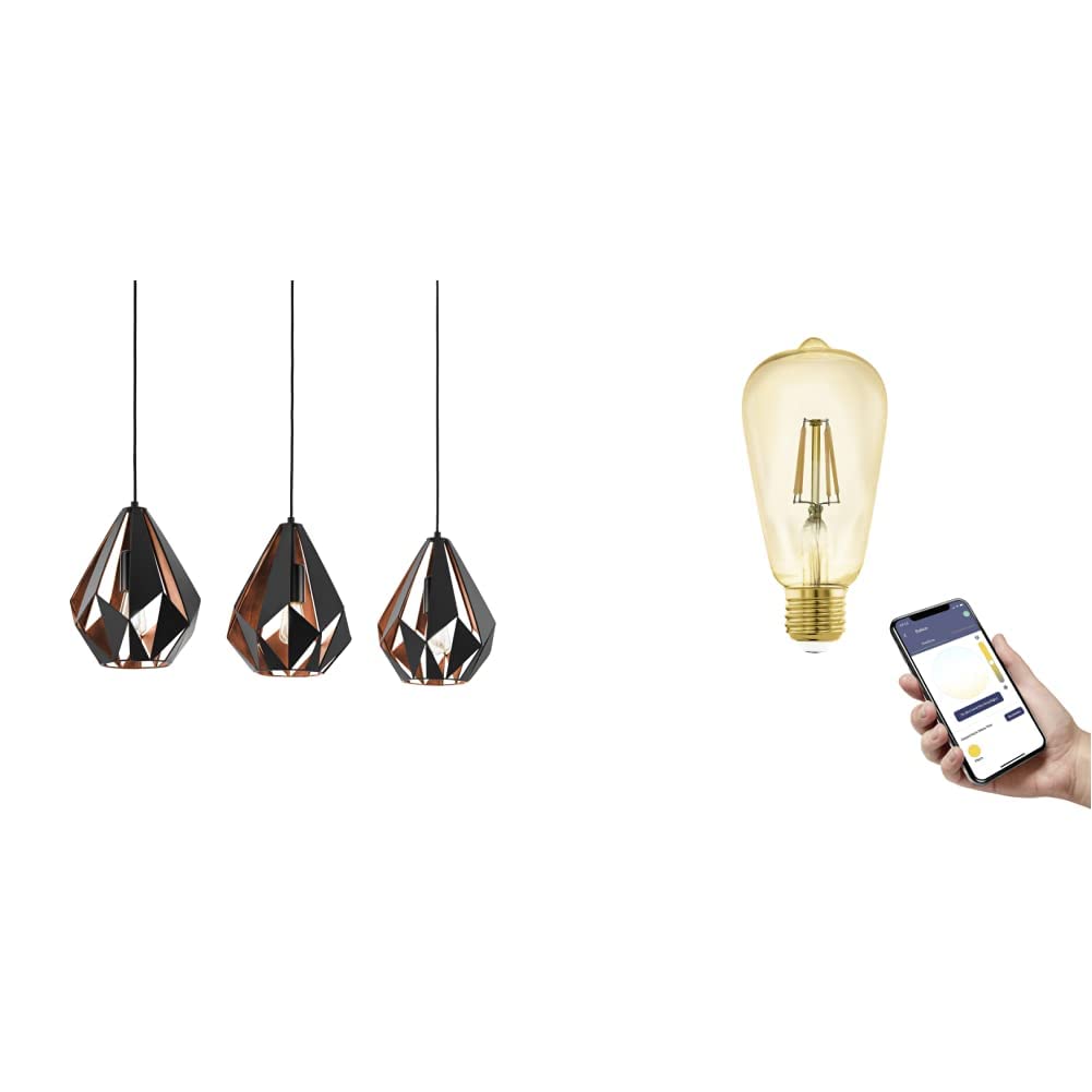 EGLO Pendelleuchte Carlton 1, Vintage LED Hängelampe inkl. 3 E27 Smart Home connect.z Retro-Leuchtmittel, dimmbare Hängeleuchte aus Stahl in schwarz und kupfer, warmweiß