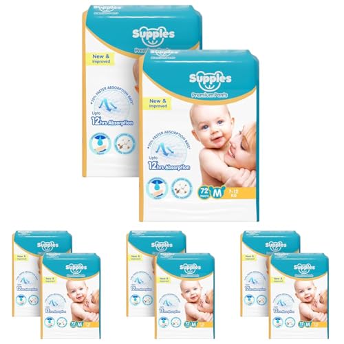 Image of Amazon Brand - Supples Premium Baby Diaper Pants | 144 Baby Diapers | Medium | 7-12 Kg | 12 Hrs Absorption | Cushiony Cotton Soft Fabric | Phthalates-Free | Triple Leak Guard | 72 Count, Pack of 8