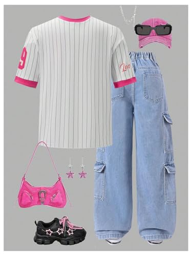 GORGLITTER Girl's Number Graphic Oversized Jersey Shirt Y2k Striped V Neck Short Sleeve Streetwear Tee Tops3