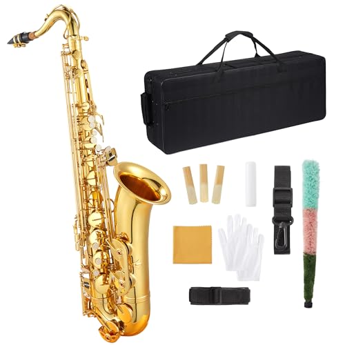 Senfot Brass Bb Tenor Saxophone Set with Case, Cork Grease, Cloth, Shoukder and Leather Neck Strap,...