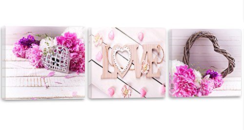 Feeby Impression Sur Toile 3 Parties Fleurs Roses Cœur Love 60x20 cm Tableaux Tableau Mural Image Moderne Photo Décoration Murale Artistique Photographie Design Chambre Salon Cuisine Rustique Rose