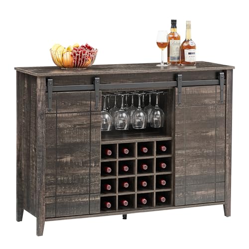 Image of Farmhouse Sideboard Buffet Cabinet with Sliding Barn Doors, Coffee Bar Cabinet with Adjustable Shelves, 16-Bottle Wine Storage & Glass Holder for Dining Room, Living Room,Dark Oak