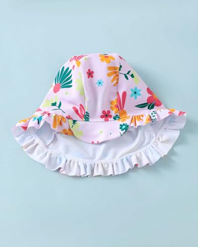 Image of Toddler Girl Swimsuit Baby Girl Bathing Suit Long Sleeve Floral Zipper One-Piece Rash Guard Swimsuit with Hat