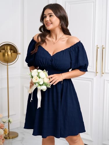 Image of SCOMCHIC Womens Plus Size Summer Dresses Casual Sun Dress Sweetheart V Neck Puff Short Sleeve Smocked A Line Mini Dress