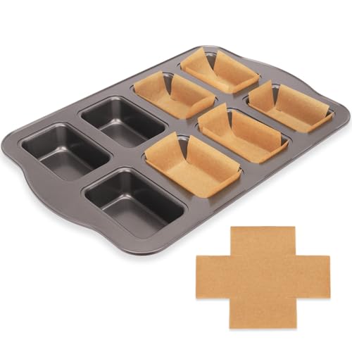 UCBAT Mini Loaf Baking Pans Set 8-Cavity with 200 PCS Parchment Liners Nonstick Bakeware Rectangle Bread Pan Heavy Duty Banana Bread Pan Grey