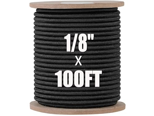 SMART&CASUAL Marine Grade Bungee Cord Roll 1/8 x 100 Black Premium Polyester Natural Latex Core Shock Cord Heavy Duty Elastic Rope for Kayak Tarp Tie Down Camping Canopy DIY Crafting