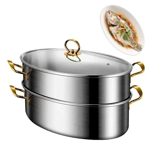 Olla al vapor de pescado, olla de acero inoxidable de 2 niveles para cocinar camarones y cangrejos al vapor con bandeja para hornear