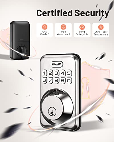Keyless Entry Door Lock, Zowill Electronic Keypad Deadbolt Smart Lock With Auto Lock, Anti-Peeping Password, 20 Customizable User Codes, Ip54 Weatherproof, Easy To Install For Front Door, Satin Nickel #TOP3