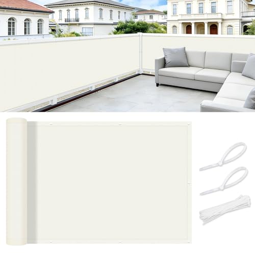 COOL AREA Balkon Sichtschutz 90x600cm Wetterfest Balkonverkleidung Balkonabdeckung sichtschutz Blickdichte Windschutz und UV-Schutz Schutz mit Kabelbinder,Cream