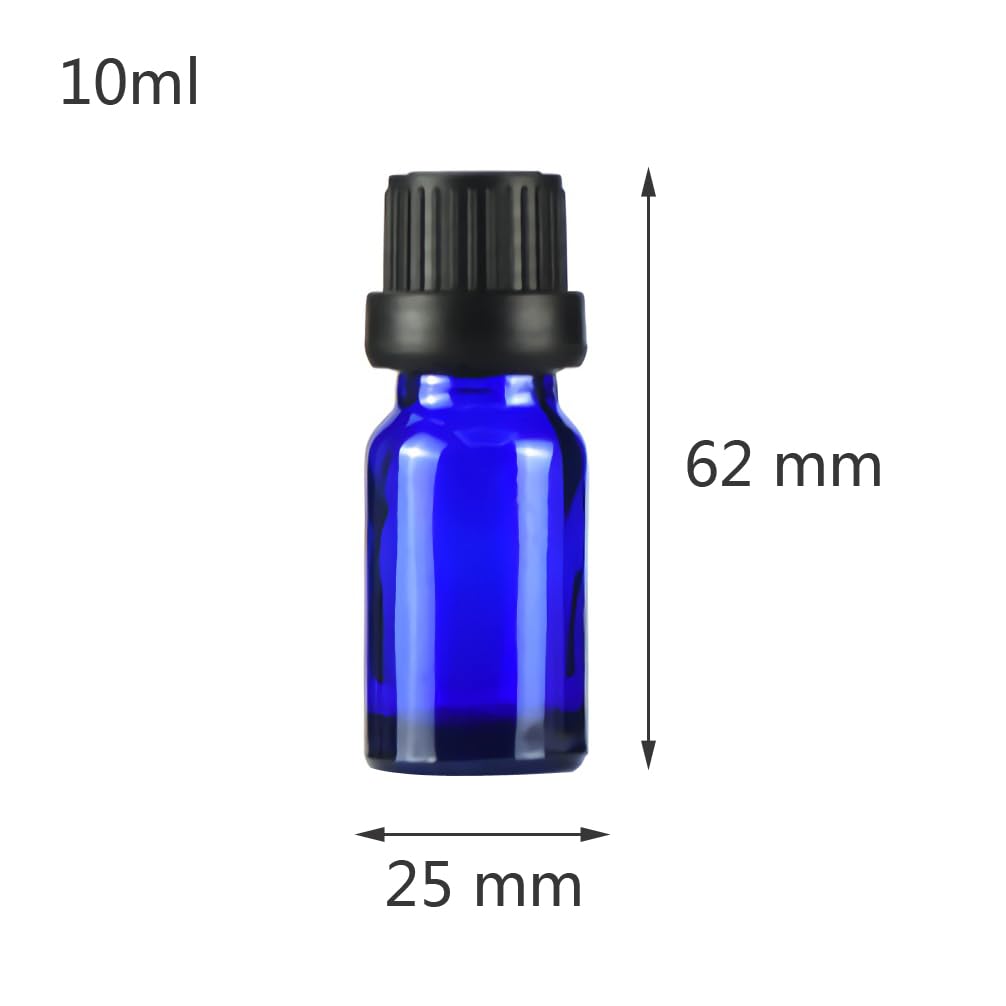 864 Pezzi Bottiglietta di Vetro per Oli Essenziali da 10 ml Blu Bottiglia con Tappo di Sicurezza Nero con Contagocce Interno a Caduta, Contenitori di Aromaterapia