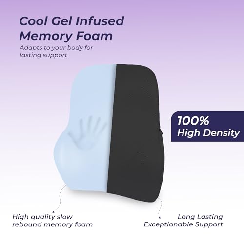 Image of Billebon Car Seat Back Support Cushion | Gel Infused Memory Foam Backrest Lumbar Support Cushion for Comfortable Long Drive & Back Pain Relief | Black | Ergonomic Support | Travel Office Home Use