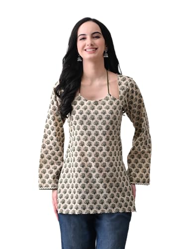 Image of MEERA FAB Women Cotton Printed A-Line Tunic Top with Square Neck | Floral Printed Halter Strap Detail & Bell Sleeves | Short Kurti for Women
