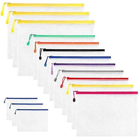 Multiple Sizes Plastic Wallets Set - 15 Pcs Document Folder File Zipper Bags, A3 A4 A6 Mesh Zipper Pouch Zip Lock Bag, Plastic Pockets Zipper File Wallet for School Office Homework Travel Storage Bags Cover