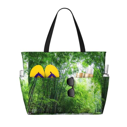 Nature Scenery Bamboo Forest Trail Beach Bag Women Tote Bag Pool Bag With Zipper For Gym Grocery Travel With Wet Pocket