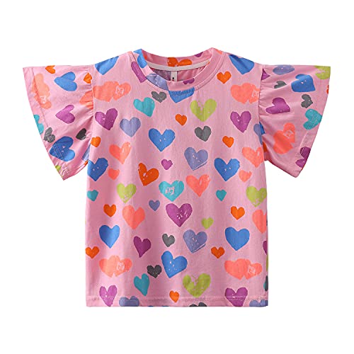 Image of Mud Kingdom Toddler Little Girls T-Shirts Colorful Love Heart Printing Ruffle Sleeve Valentine's Day Tees Casual Summer