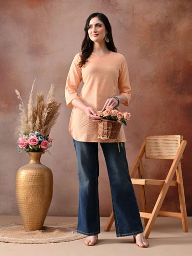 Image of Amazon Brand - Tavasya Women Pure Cotton Katha Plain Short Regular Fit Kurti |Short Top| Solid Casual Tunic