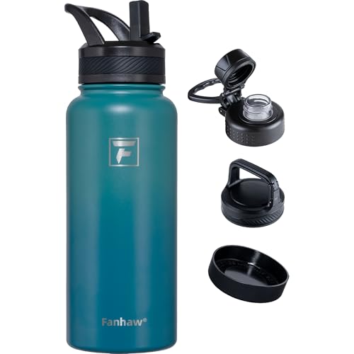 Fanhaw 32 oz Insulated Water Bottle &ndash; Portable Stainless Steel Flask with 3 Lids (Straw, Spout...