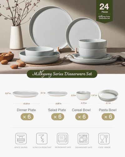 Image of Famiware Milkyway Stoneware Dinnerware Sets with Pasta Bowls, Service for 6 (24 Pieces), Plates and Bowls Sets -Scratch Resistant, Microwave and Dishwasher Safe Dishes Set, Light Gray