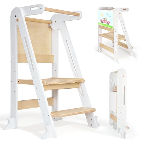 SOFTHOM Torre de aprendizaje para niños a partir de 1 año, Torre de aprendizaje plegable para niños pequeños, Torre de aprendizaje Montessori con tablero de dibujo, altura ajustable, torre de