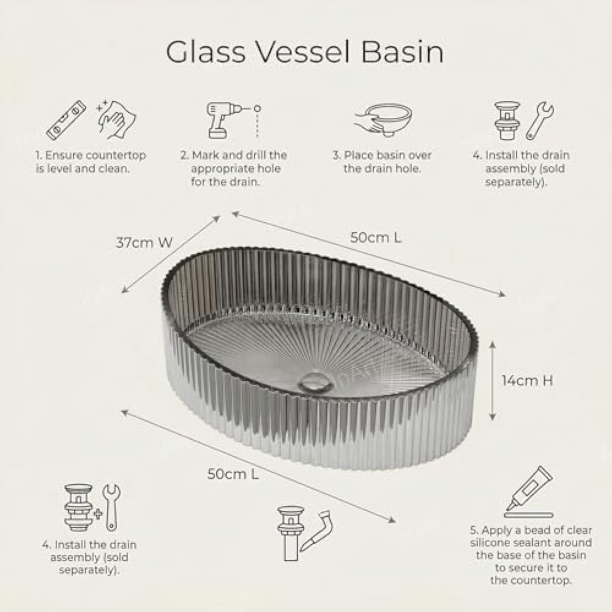 Glass Basin 50x37x14cm, Oval Countertop Wash Bowl