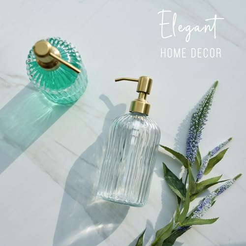 Image of JASAI 18Oz Glass Soap Dispenser with Golden Pump for Kitchen,Refillable Liquid Hand soap Dispenser with Vertical Stripe, Clear Soap Dispenser Bathroom for Hand soap, Dish Soap, Lotion