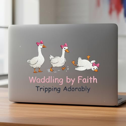 Image of Funny Christian Car Decal Waddling by Faith Sticker - Cute Goose Duck Tripping Adorably Bumper Decal, Inspirational Bible Verse Vinyl Sticker, Faith Over Fear Gift for Christian Women Mom